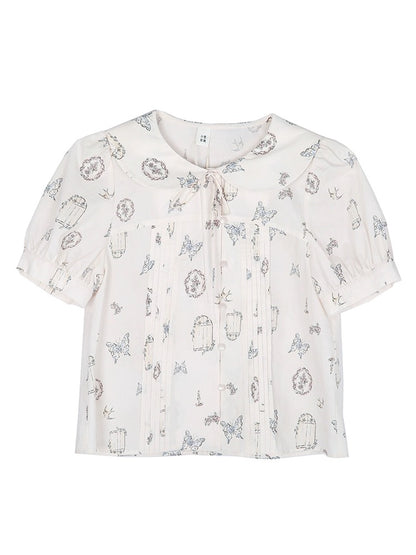good tailoring printed doll collar short-sleeved shirt for women spring and summer loose age-reducing pleated lace-up puff sleeve shirt