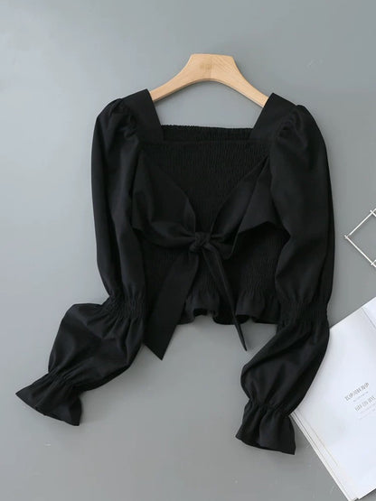 Design sense square collar long sleeve shirt women 2025 spring and autumn new all-match trumpet sleeve black niche chic top