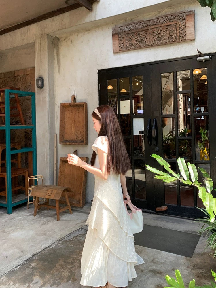 Yang Yang YANGRUOYU [Coconut Milk Smoothie] Spliced Dress Atmosphere Lace Petite French Long Skirt