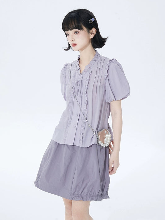 Shallot good tailoring light purple puff sleeve shirt women's spring and summer loose and cute lace collar pleated lace-up shirt top