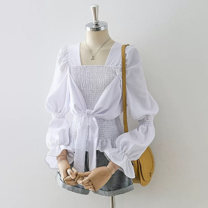 Design sense square collar long sleeve shirt women 2025 spring and autumn new all-match trumpet sleeve black niche chic top