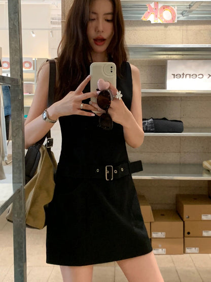 pusumede black round neck tank top dress for women Korean style temperament straight tie waist little black skirt short skirt