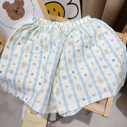 Summer Class A Cotton Yarn Casual Style Shorts Loose Double Layer Yarn Printed Pure Cotton Home Pants Women's High Waist Skin-Friendly Sleep Pants