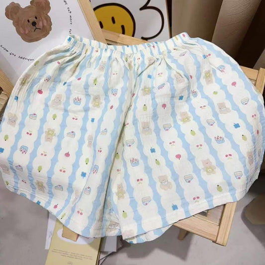 Summer Class A Cotton Yarn Casual Style Shorts Loose Double Layer Yarn Printed Pure Cotton Home Pants Women's High Waist Skin-Friendly Sleep Pants