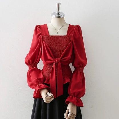 Design sense square collar long sleeve shirt women 2025 spring and autumn new all-match trumpet sleeve black niche chic top