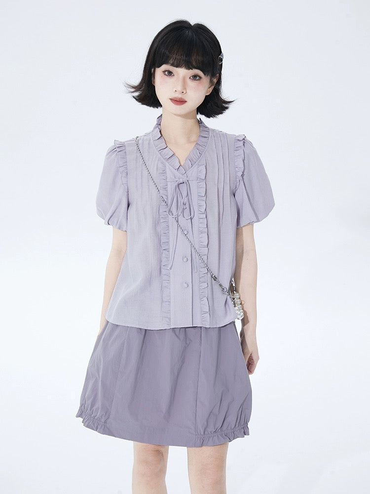Shallot good tailoring light purple puff sleeve shirt women's spring and summer loose and cute lace collar pleated lace-up shirt top