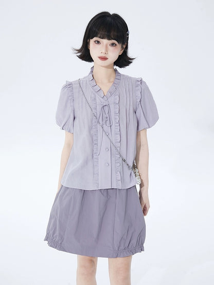 Shallot good tailoring light purple puff sleeve shirt women's spring and summer loose and cute lace collar pleated lace-up shirt top
