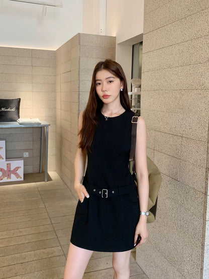 pusumede black round neck tank top dress for women Korean style temperament straight tie waist little black skirt short skirt