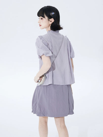 Shallot good tailoring light purple puff sleeve shirt women's spring and summer loose and cute lace collar pleated lace-up shirt top