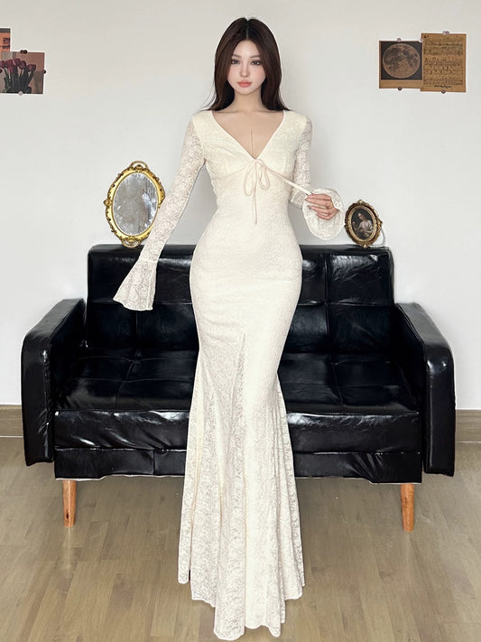 Amyway French retro high-end lace long skirt fishtail skirt pure lust sexy V-neck dress