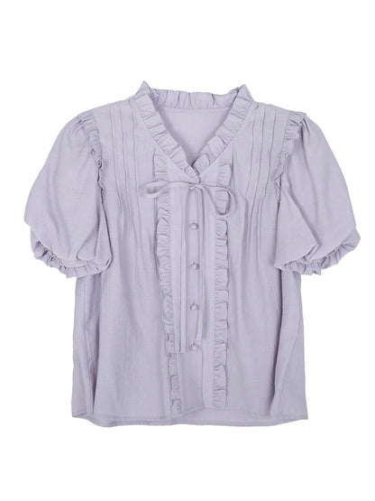 Shallot good tailoring light purple puff sleeve shirt women's spring and summer loose and cute lace collar pleated lace-up shirt top
