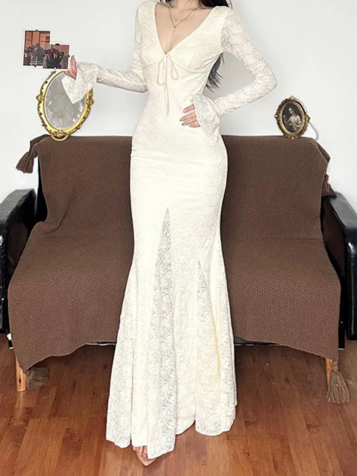 Amyway French retro high-end lace long skirt fishtail skirt pure lust sexy V-neck dress