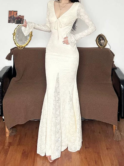 Amyway French retro high-end lace long skirt fishtail skirt pure lust sexy V-neck dress