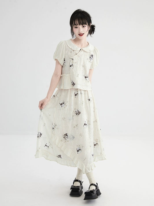 Xiao Cong Good Tailor New Chinese Style Panda Print Doll Collar Shirt Women's Summer Asymmetric Hem Puff Sleeve Top