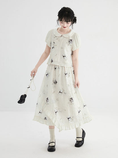 Xiao Cong Good Tailor New Chinese Style Panda Print Doll Collar Shirt Women's Summer Asymmetric Hem Puff Sleeve Top
