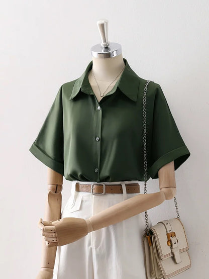 Hong Kong style commuting professional retro satin lapel shirt female temperament loose curling short sleeve simple solid color OL shirt