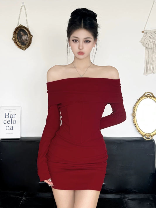 Amyway retro hottie sexy royal sister one-shoulder knitted dress little mother-like fishbone waist-covering hip short skirt