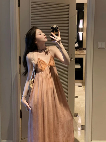 Tongse | Honey Skirt Chiffon Printed Tie-Dye Spliced Sequin Dress Halter Neck Strappy Backless Long Skirt for Women