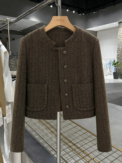 Dark brown herringbone wool short coat for petite women, new autumn/winter style, slimming and trendy.
