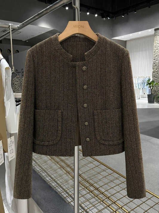 Dark brown herringbone wool short coat for petite women, new autumn/winter style, slimming and trendy.