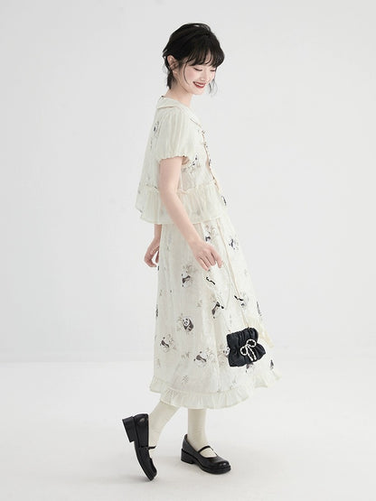 Xiao Cong Good Tailor New Chinese Style Panda Print Doll Collar Shirt Women's Summer Asymmetric Hem Puff Sleeve Top