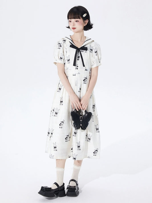 Shallot good tailoring college sense lace navy collar bunny jacquard dress summer high waist mid-length pleated skirt