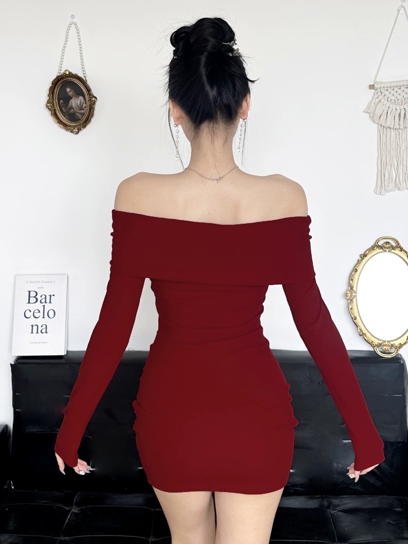 Amyway retro hottie sexy royal sister one-shoulder knitted dress little mother-like fishbone waist-covering hip short skirt