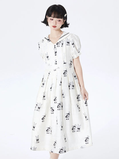 Shallot good tailoring college sense lace navy collar bunny jacquard dress summer high waist mid-length pleated skirt