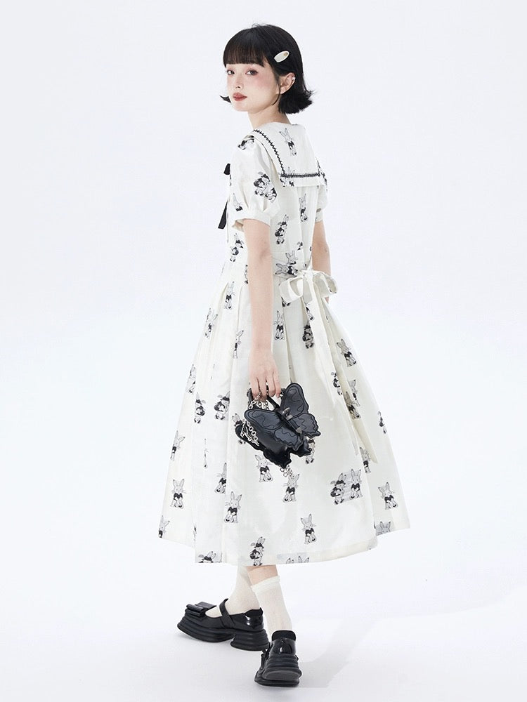 Shallot good tailoring college sense lace navy collar bunny jacquard dress summer high waist mid-length pleated skirt