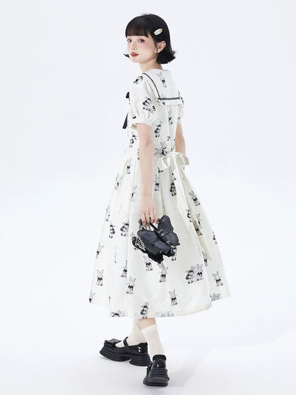 Shallot good tailoring college sense lace navy collar bunny jacquard dress summer high waist mid-length pleated skirt