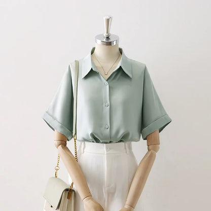 Hong Kong style commuting professional retro satin lapel shirt female temperament loose curling short sleeve simple solid color OL shirt