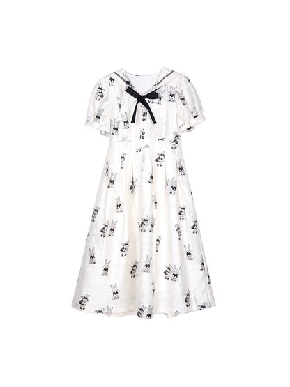 Shallot good tailoring college sense lace navy collar bunny jacquard dress summer high waist mid-length pleated skirt