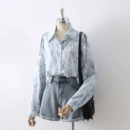 Drape loose oil painting print blue thin lapel chiffon shirt women's early autumn design shoulder-length top