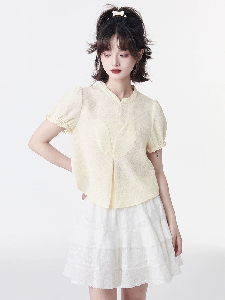 Shallot Good Cut New Chinese Style Cheongsam Collar Top Girls Summer Loose Age-Reducing Tulip Splicing Puff Sleeve Shirt