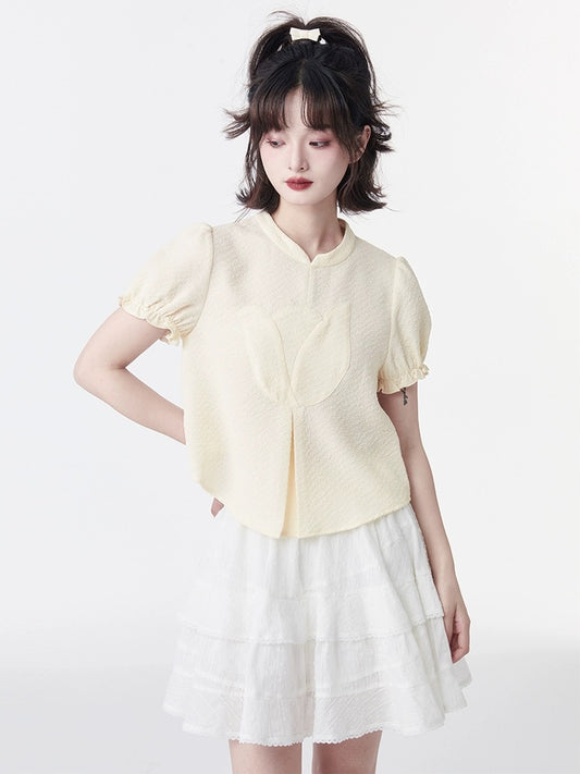 Shallot Good Cut New Chinese Style Cheongsam Collar Top Girls Summer Loose Age-Reducing Tulip Splicing Puff Sleeve Shirt