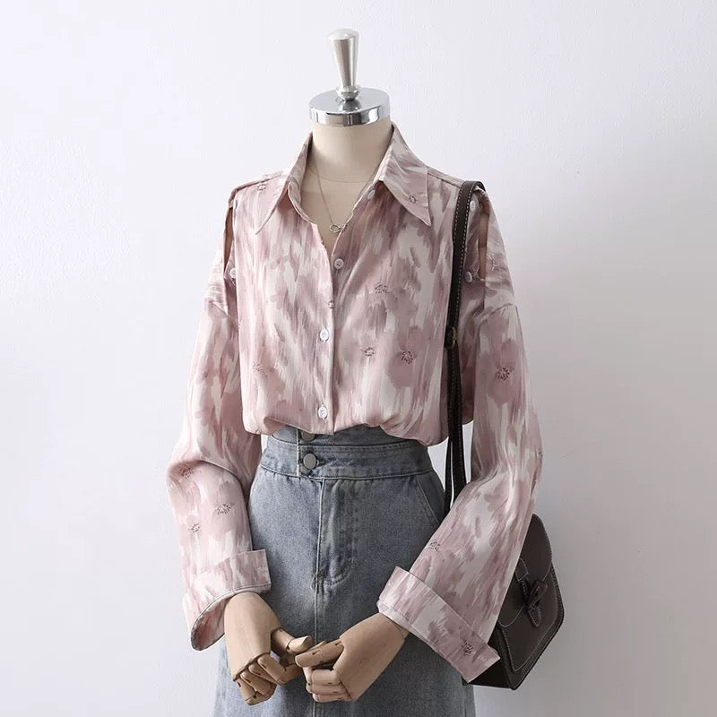 Drape loose oil painting print blue thin lapel chiffon shirt women's early autumn design shoulder-length top