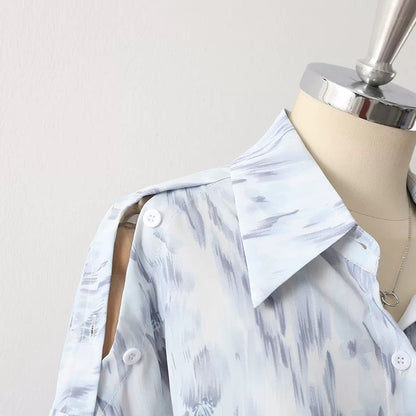 Drape loose oil painting print blue thin lapel chiffon shirt women's early autumn design shoulder-length top