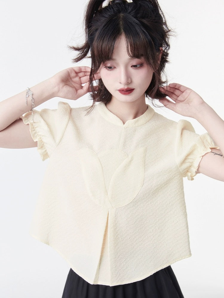 Shallot Good Cut New Chinese Style Cheongsam Collar Top Girls Summer Loose Age-Reducing Tulip Splicing Puff Sleeve Shirt