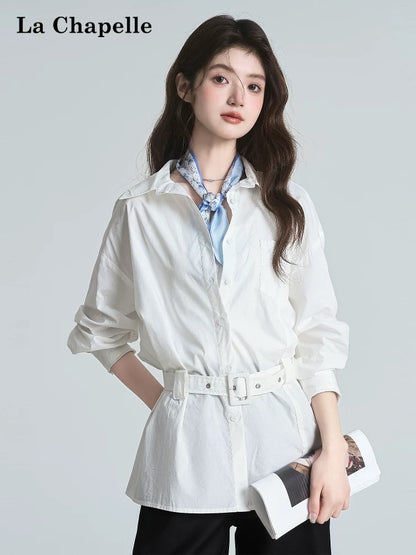 La Chapelle designer long-sleeved shirt women's 2025 spring new casual slim fit with belt shirt top trend