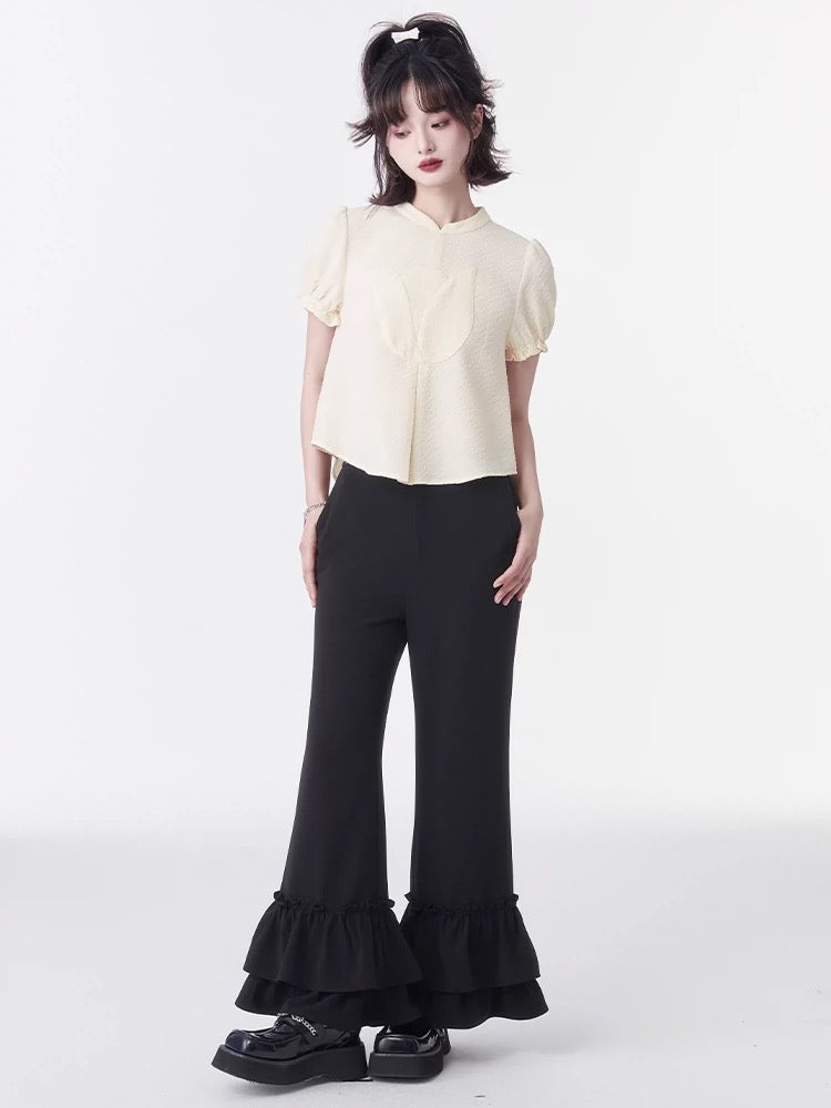 Shallot Good Cut New Chinese Style Cheongsam Collar Top Girls Summer Loose Age-Reducing Tulip Splicing Puff Sleeve Shirt