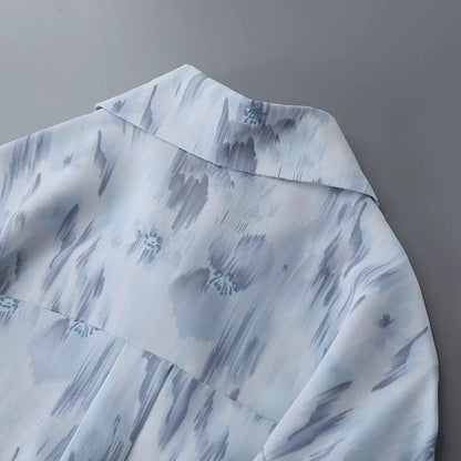 Drape loose oil painting print blue thin lapel chiffon shirt women's early autumn design shoulder-length top