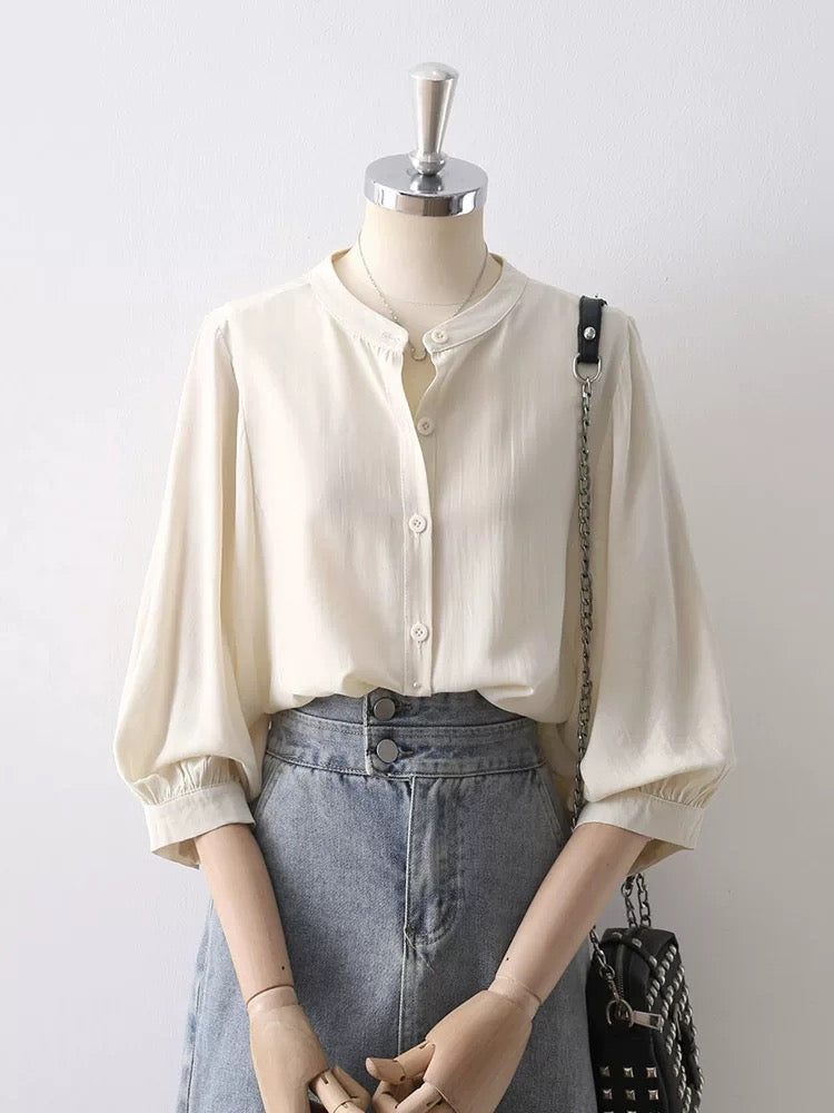 2025 Spring and Summer Women's Temperament Lantern Sleeve Small Stand-up Collar Apricot Drape Shirt Women's Loose Three-quarter Sleeve Chic Top