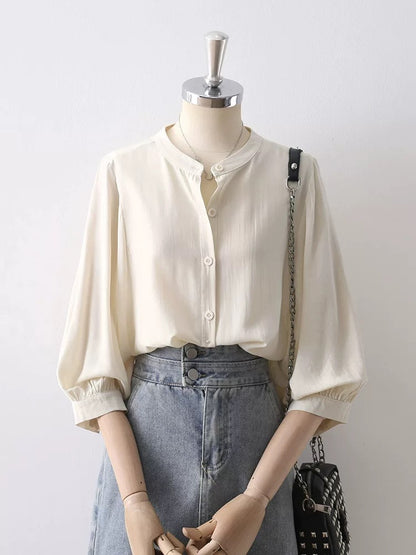2025 Spring and Summer Women's Temperament Lantern Sleeve Small Stand-up Collar Apricot Drape Shirt Women's Loose Three-quarter Sleeve Chic Top