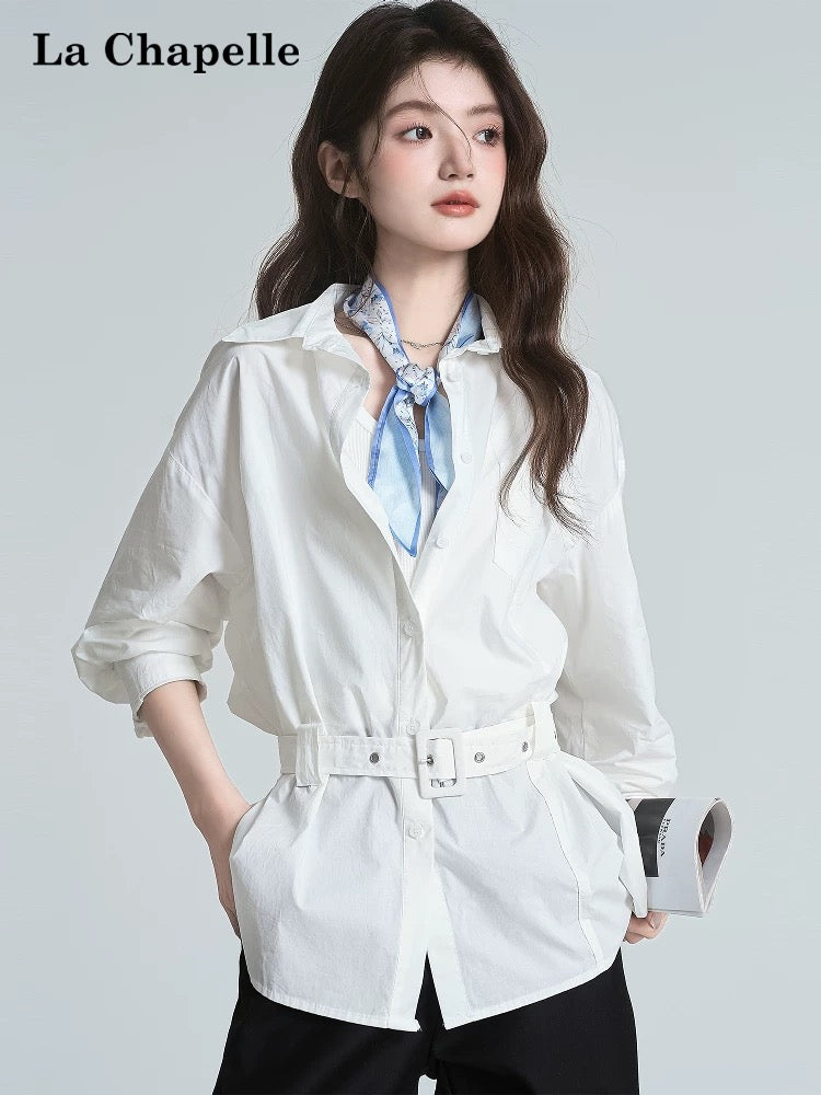 La Chapelle designer long-sleeved shirt women's 2025 spring new casual slim fit with belt shirt top trend