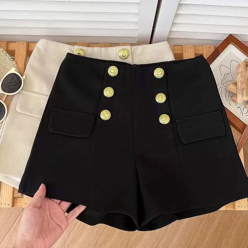 Wool high-waisted slimming double-breasted shorts A-line wide-leg casual pants hot pants bootcut pants women's autumn and winter new style thickened