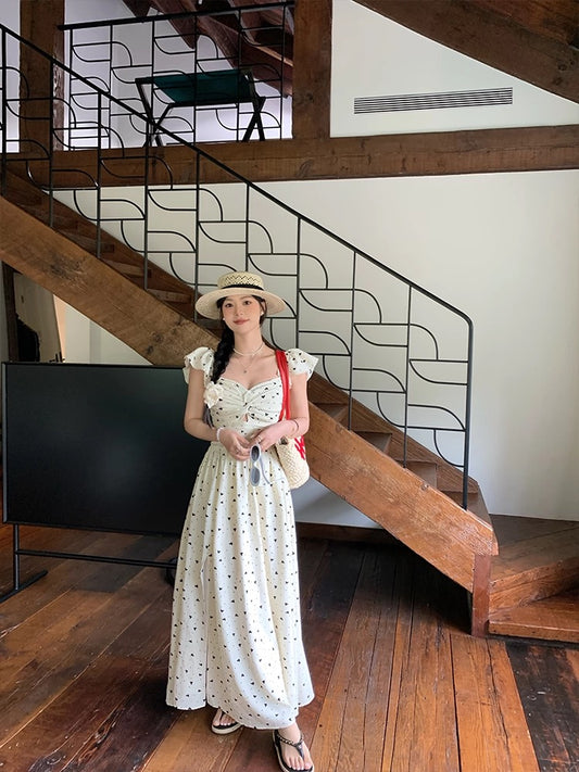 Huang Yili NORA STUDIO polka dot small flying sleeve waist dress female summer design temperament long skirt