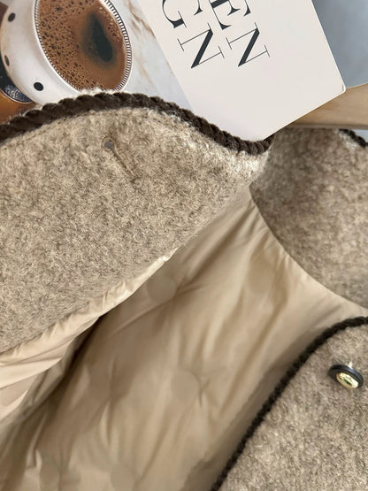 Khaki French retro down-lined-style coat for women, new 2025 winter style, elegant and fashionable short top