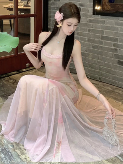 Amyway [French Sweetness] Resort Style Floral Slim-fitting Suspender Dress Temperament Mesh Fishtail Long Skirt