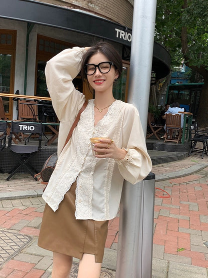 EKOOL Garment Store Lace Tencel Shirt Women's Spring New Casual V-neck Design Top