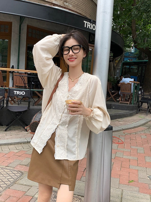 EKOOL Garment Store Lace Tencel Shirt Women's Spring New Casual V-neck Design Top